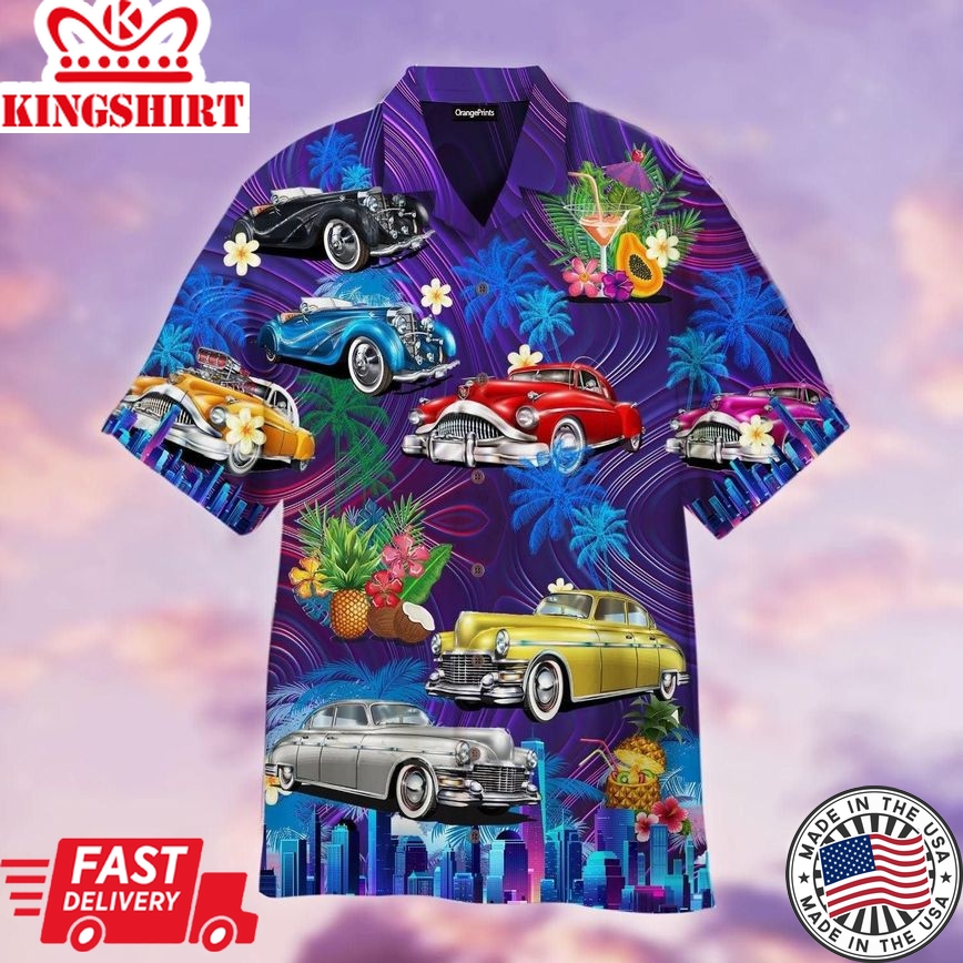 Vintage Hot Rod Car Sunset Beach Trendy Hawaiian Shirt For