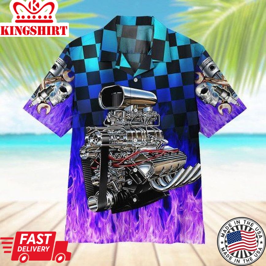 Vintage Hot Rod Engine Purple Flame All Printed 3D Trendy Hawaiian Shirt