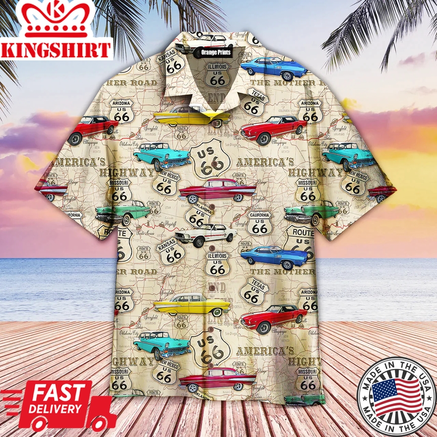 Vintage Muscle Car On Route 66 Aloha Trendy Hawaiian Shirts For Men & For Women