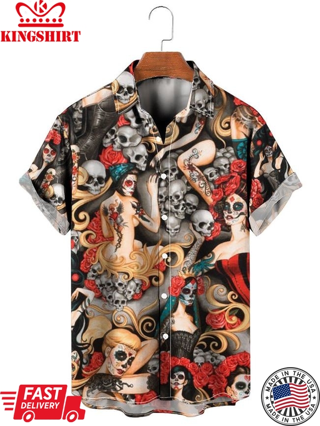 Vintage Skull Beauty Print Short Sleeve Hawaiian Shirt