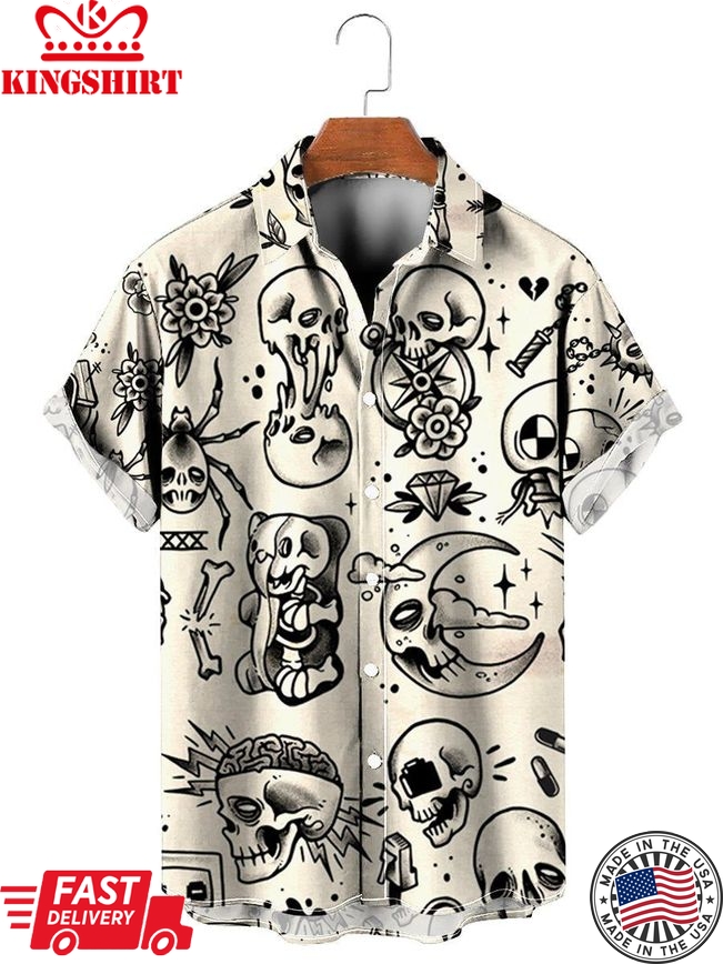 Vintage Skull Print Short Sleeve Hawaiian Shirt