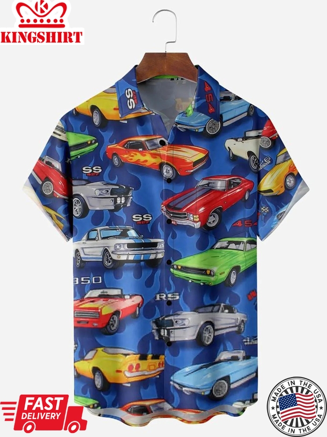 Vintage Sports Car Chest Pocket Men's Trendy Hawaiian Shirts