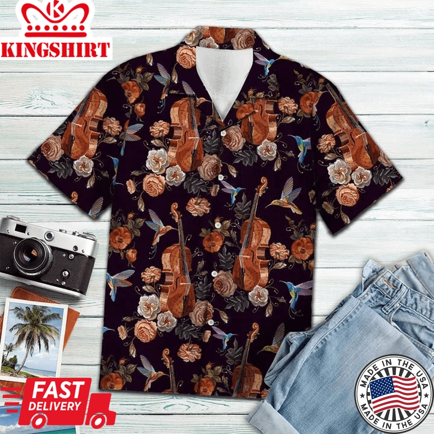 Vintage Style Violin And Hummingbird Blossom Pattern Trendy Hawaiian Shirt