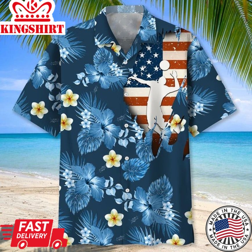 Volleyball American Flag Flower Trendy Hawaiian Shirt, Volleyball Shirt, Sports Team Group Shirts