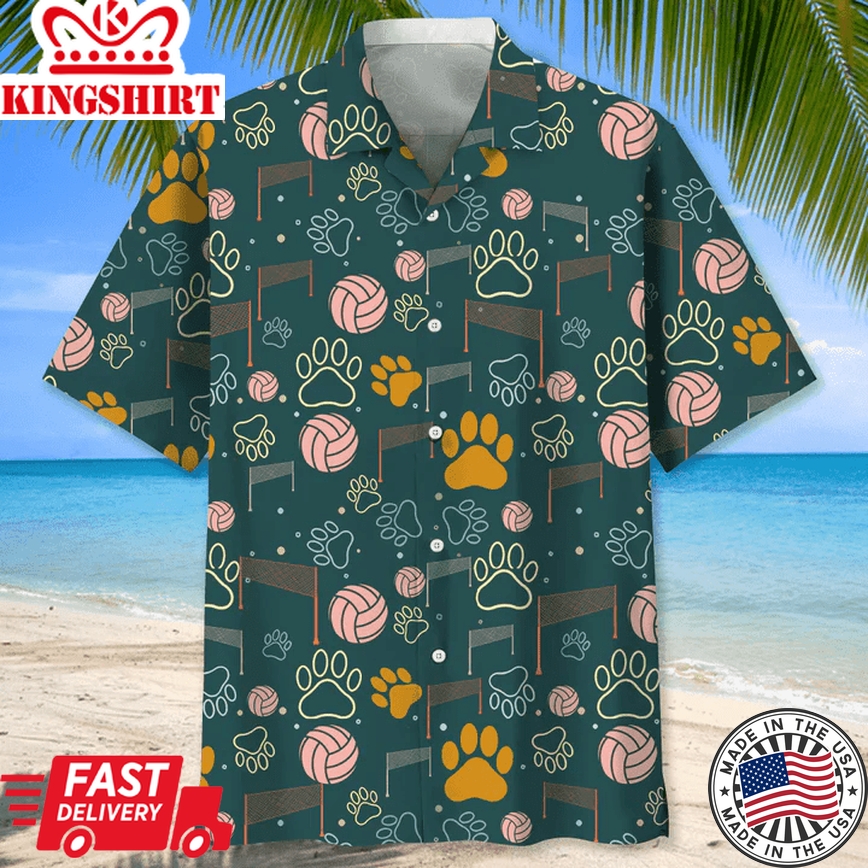 Volleyball And Dog Trendy Hawaiian Shirt, Short Sleeve Summer Vacation Beach Shirts For Men