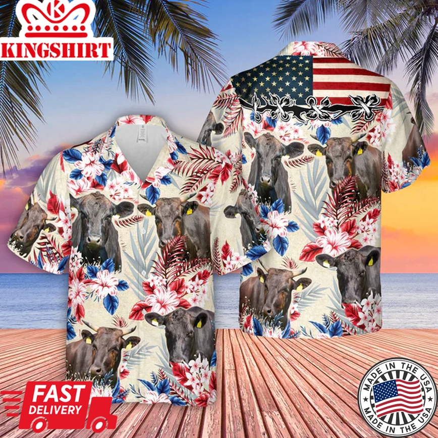 Wagyu Pattern Us Flag Trendy Hawaiian Shirt, Farm Cow Trendy Hawaiian Shirt For Men And Women