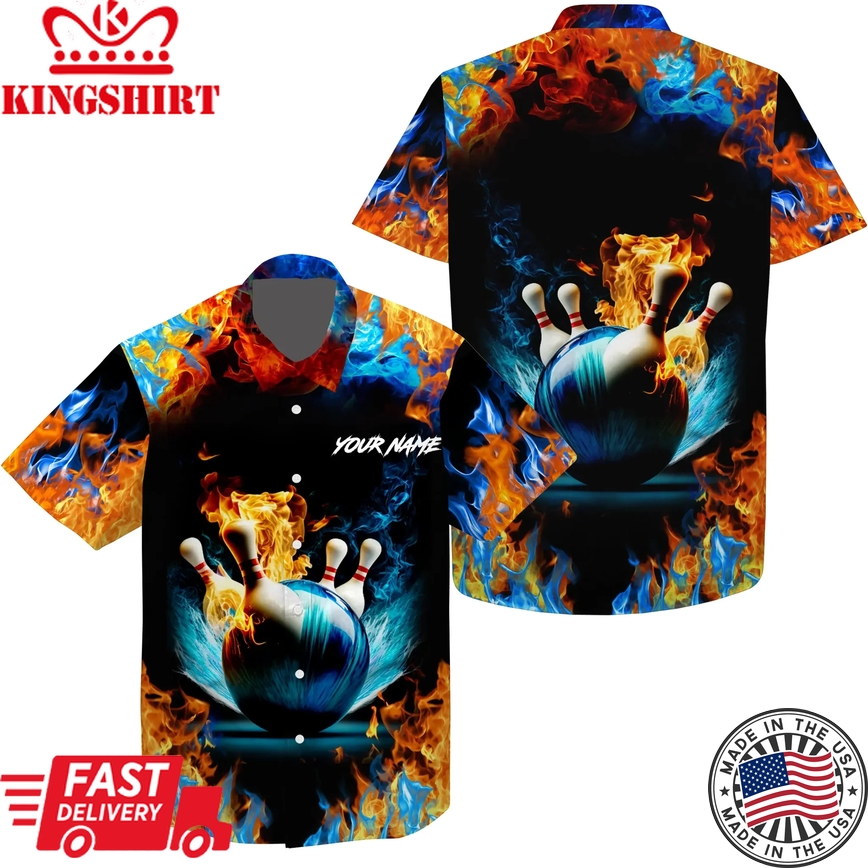 Water Fire Background Custom Name Hawaiian Bowling Shirts For Men, Bowling Team Shirts