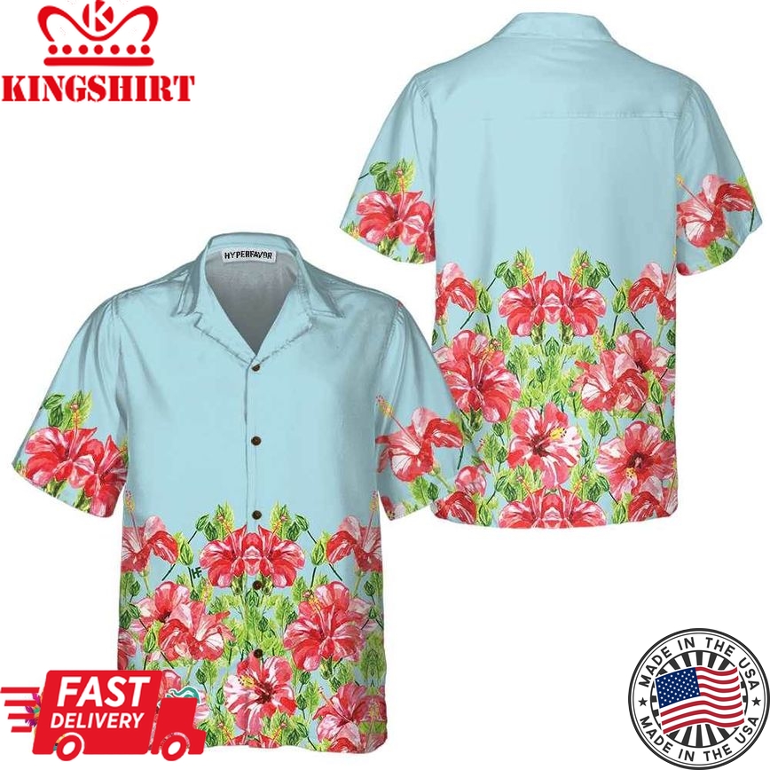 Watercolor Hibiscus Flower Hawaiian Shirt, Short Sleeve Red Hibiscus Print Shirt