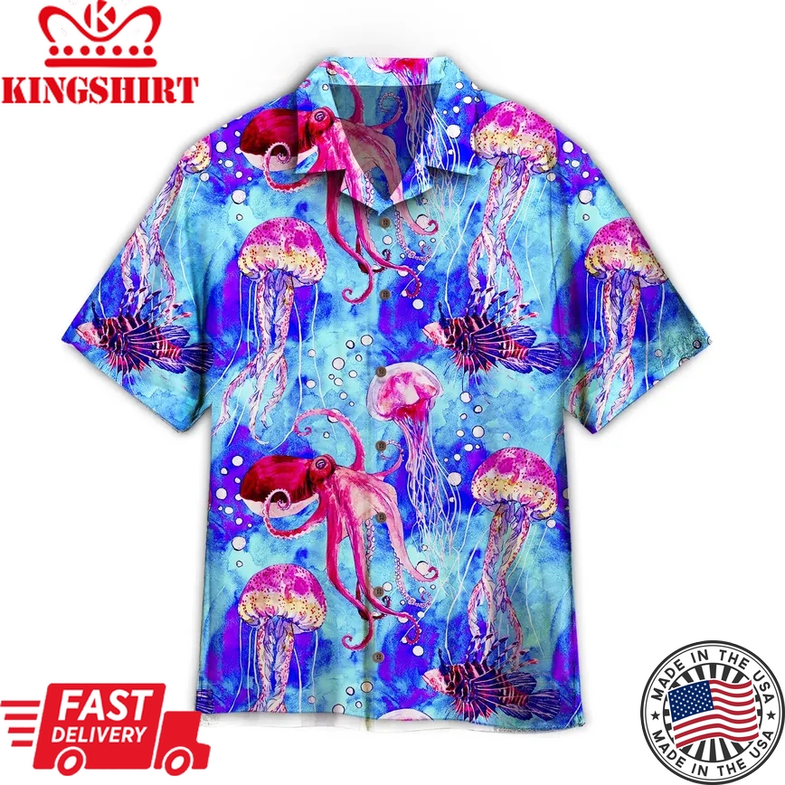 Watercolor Octopus And Jellyfish On Blue Sea Trendy Hawaiian Shirt