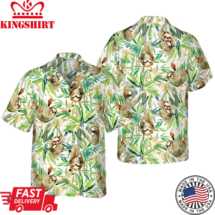 Watercolor Sloth And Tropical Plant Hawaiian Shirt