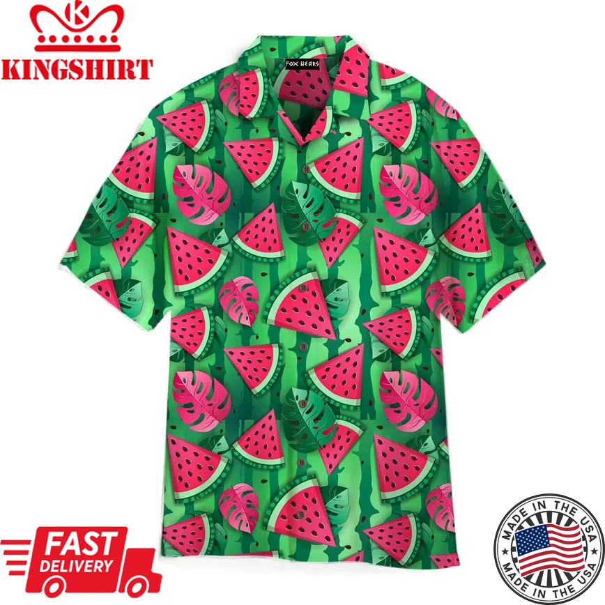 Watermelon Slices And Tropic Leaves Trendy Hawaiian Shirt For Aloha Shirt