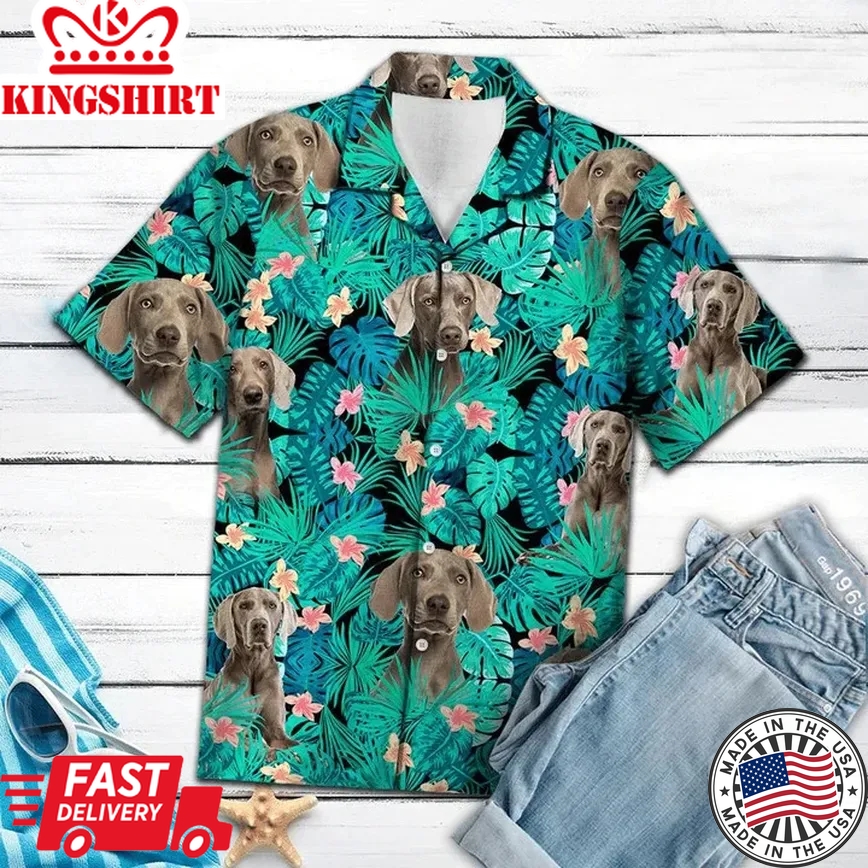 Weimaraner Tropical Flower Pattern Turquoise Theme Trendy Hawaiian Shirt