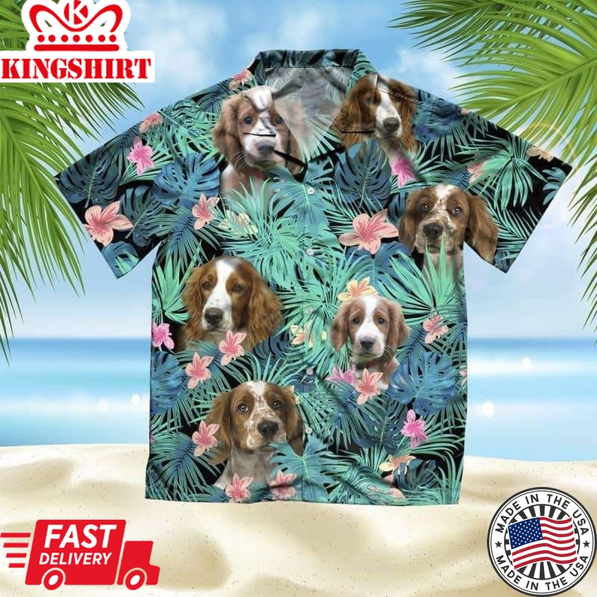 Welsh Springer Spaniel Trendy Hawaiian Shirt, Dog Summer Leaves Trendy Hawaiian Shirt, Unisex Print Aloha Short Sleeve Casual Shirt Summer Gifts