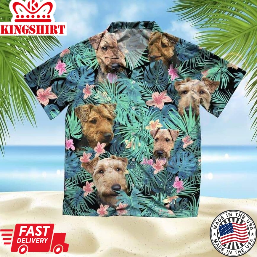 Welsh Terrier Trendy Hawaiian Shirt, Dog Summer Leaves Trendy Hawaiian Shirt, Unisex Print Aloha Short Sleeve Casual Shirt Summer Gifts