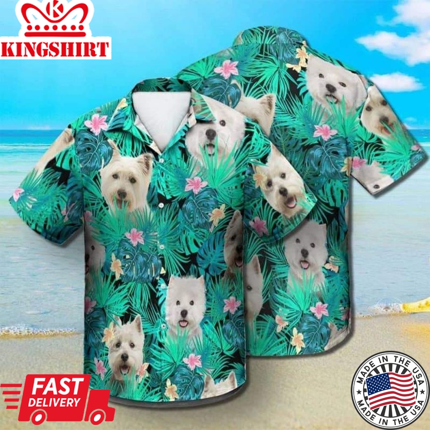 West Highland White Terrier Trendy Hawaiian Shirt, Dog Summer Leaves Trendy Hawaiian Shirt, Unisex Print Aloha Short Sleeve Casual Shirt Summer Gifts