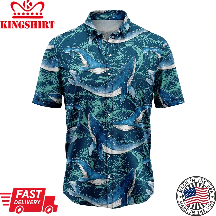 Whale Waves Trendy Hawaiian Shirt, Summer Gift, Trendy Hawaiian Shirts For Men, Aloha Beach Shirt