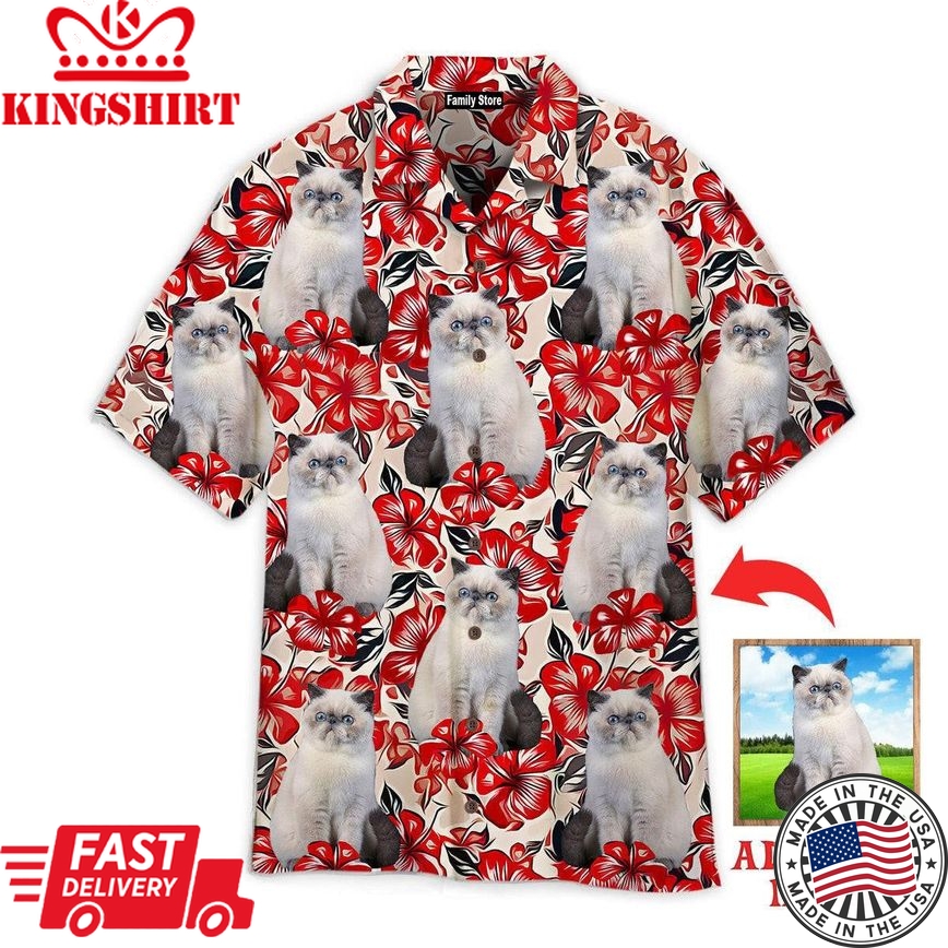 White Cat On Red Flower Design Custom Hawaiian Shirt