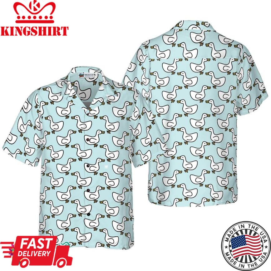 White Duck Cartoon In Blue Hawaiian Shirt