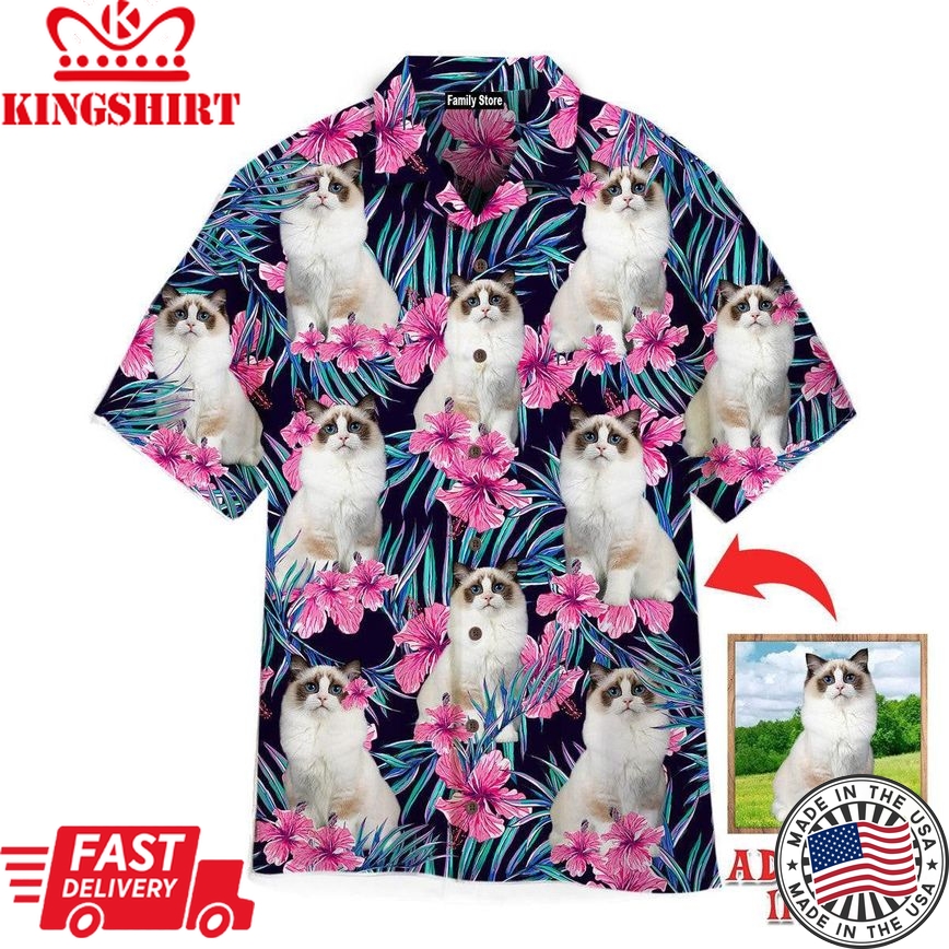 White Ragdoll Cat Hide And Seek In Pink Floral Tropical Custom Hawaiian Shirt