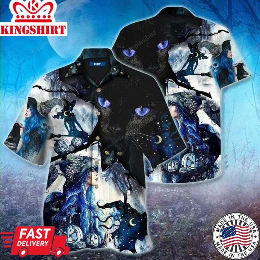 Witch Cat Mystery Halloween Trendy Hawaiian Shirt, Unisex Print Aloha Short Sleeve Casual Shirt