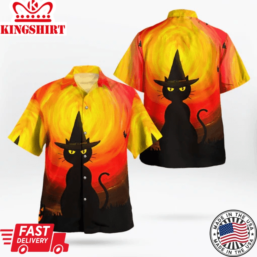 Wizard Black Cat Halloween Trendy Hawaiian Shirt, Unisex Print Aloha Short Sleeve Casual Shirt