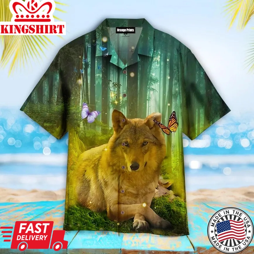 Wolf Butterfly In The Forest Trendy Hawaiian Shirt For