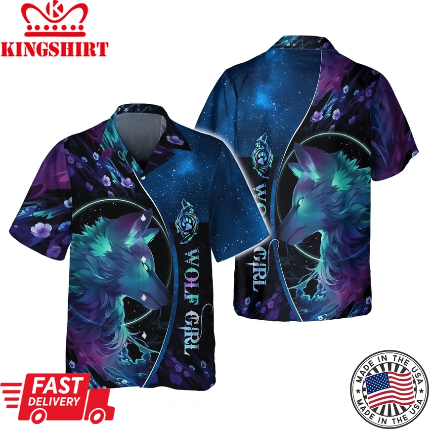 Wolf Girl Galaxy Hawaii Shirt, Wolf Trendy Hawaiian Shirt For Women, Gift For Wolf Lovers