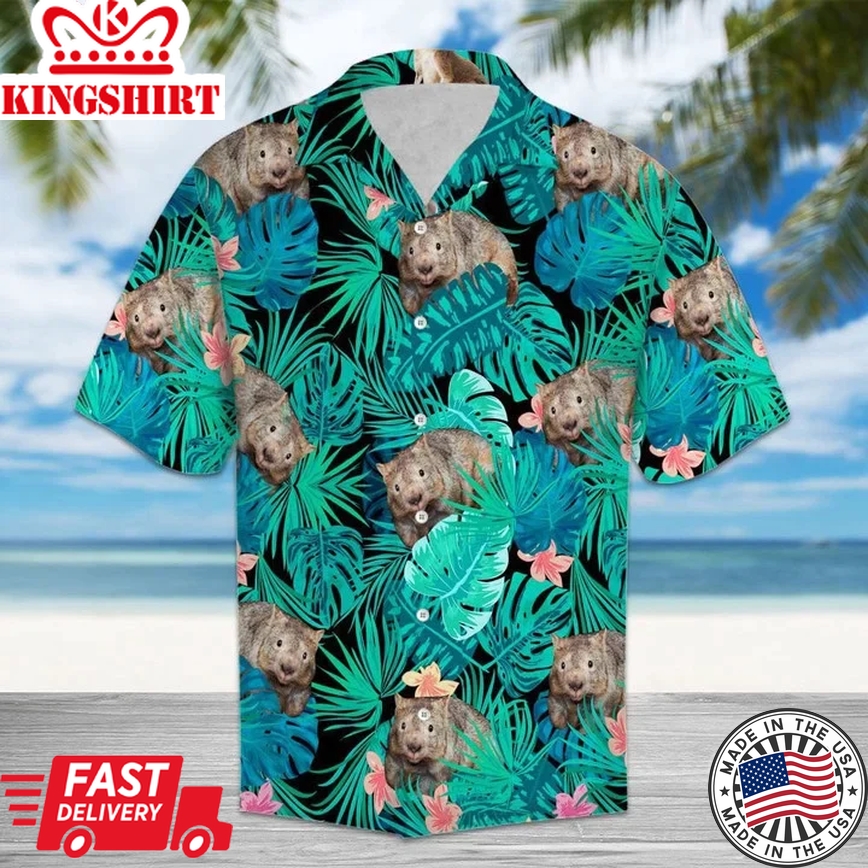 Wombat Tropical Palm Leaves And Pink Flower Pattern Trendy Hawaiian Shirt