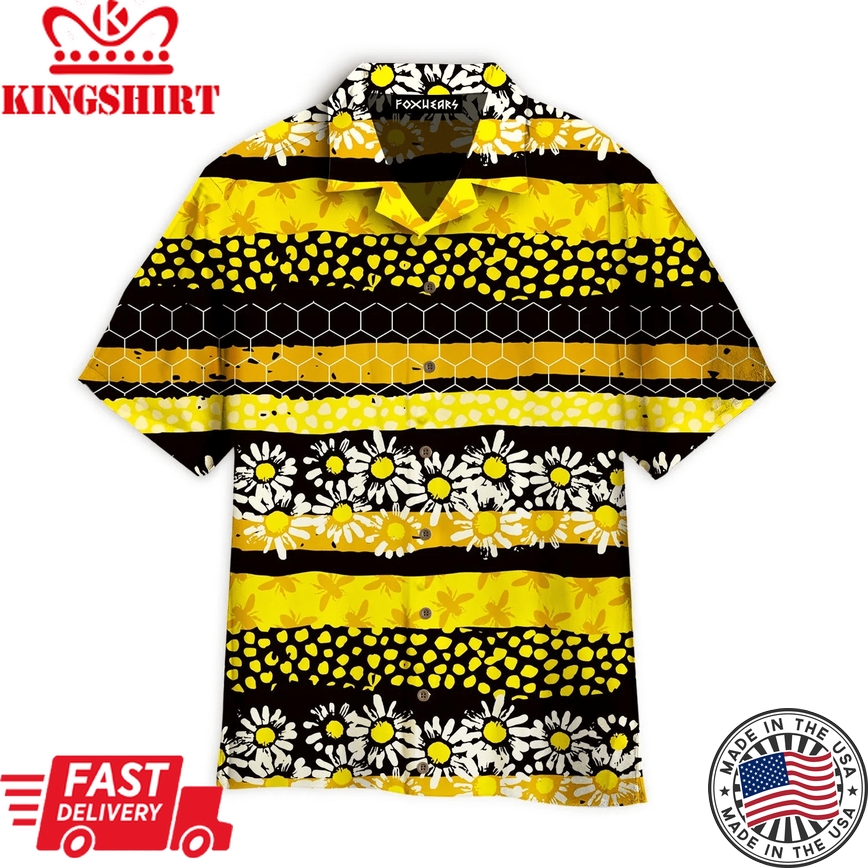 Yellow Bee Stripes Daisy Floral Pattern Trendy Hawaiian Shirt