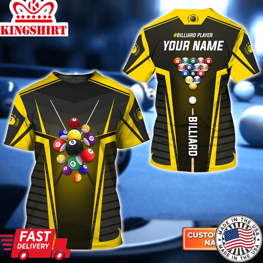 Yellow Billiard Balls Personalized Name 3D Trendy Hawaiian Shirt, Billiard Team Shirt, Summer Shirt Gift For Billiard Lover