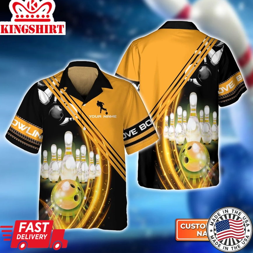 Yellow Bowling Ball In Motion And The Pins Trendy Hawaiian Shirt, Bowling Trendy Hawaiian Shirt For Men, Women, Bowling Team Shirt