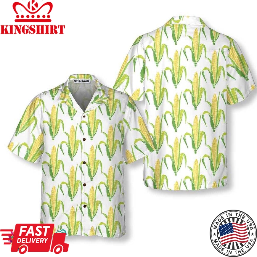 Yellow Corncobs With Green Leaves Corn Hawaiian Shirt, Corn Shirt Short Sleeve, Button Corn Cob Shirt Corn Gift