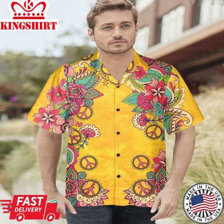 Yellow Hippie Peace Sign And Flowers Hawaiian Shirt, Foral Hippie Peace Sign Shirt, Best Hippie Gift