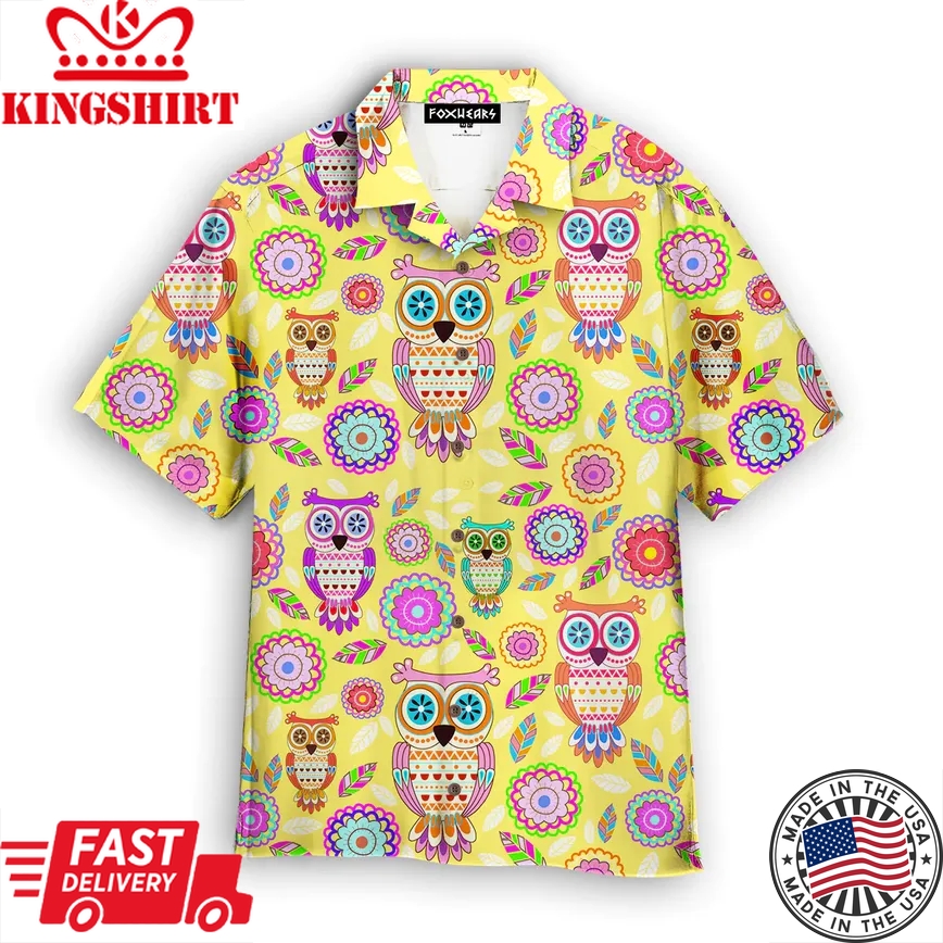 Yellow Owl And Flowers Trendy Hawaiian Shirt For Aloha Shirt