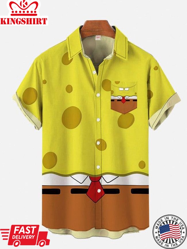 Yellow Sponge Man Cartoon Costume Breast Pocke Short Sleeve Aloha Hawaiian Shirt