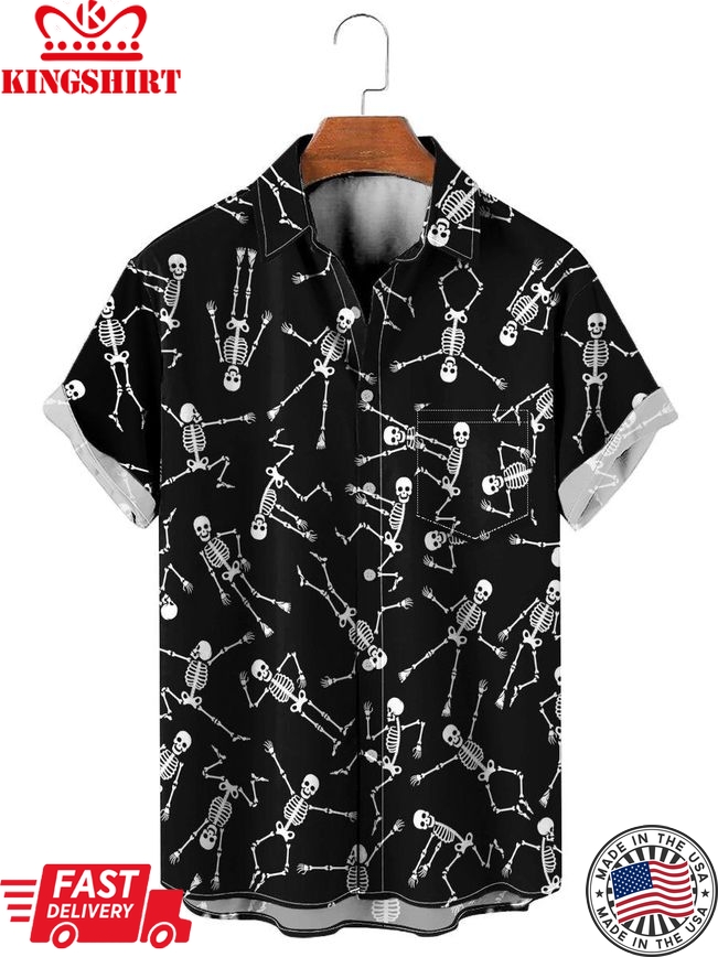 Yoga Skeleton Print Chest Pocket Short Sleeve Hawaiian Shirt