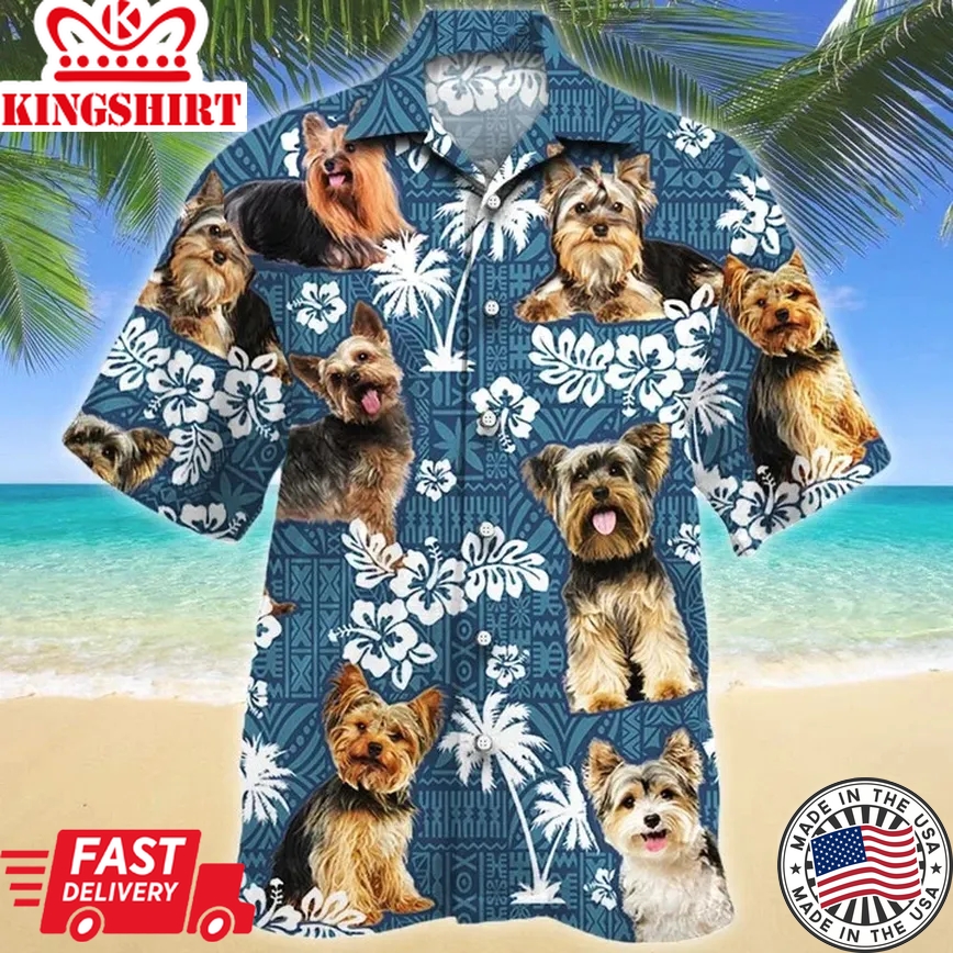 Yorkshire Terrier Dog Lovers Blue Tribal Pattern Trendy Hawaiian Shirt