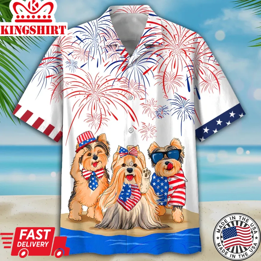 Yorkshire Terrier Independence In Comping, Men's Usa Patriotic Trendy Hawaiian Shirt