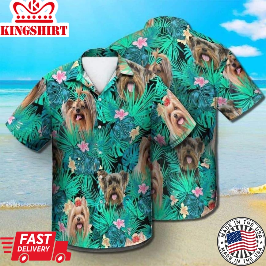 Yorkshire Terrier Trendy Hawaiian Shirt, Dog Summer Leaves Trendy Hawaiian Shirt, Unisex Print Aloha Short Sleeve Casual Shirt Summer Gifts