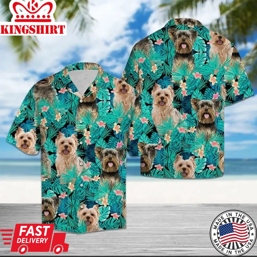 Yorkshire Terrier With Plumeria Flowers And Leaves Trendy Hawaiian Shirt