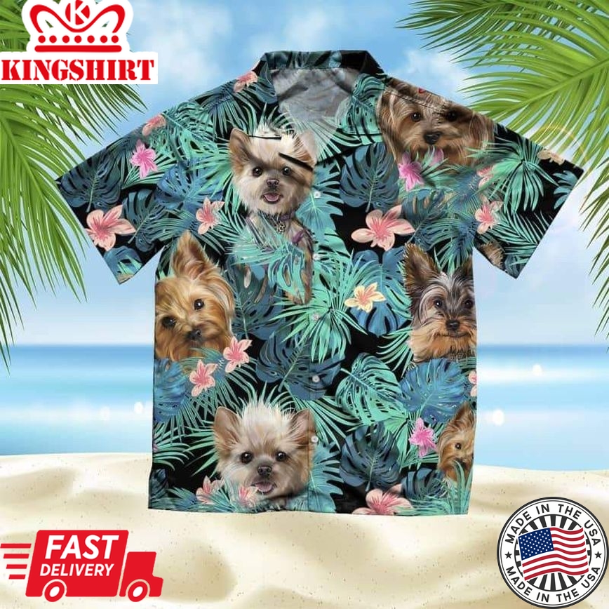 Yorkshire Trendy Hawaiian Shirt, Dog Summer Leaves Trendy Hawaiian Shirt, Unisex Print Aloha Short Sleeve Casual Shirt Summer Gifts