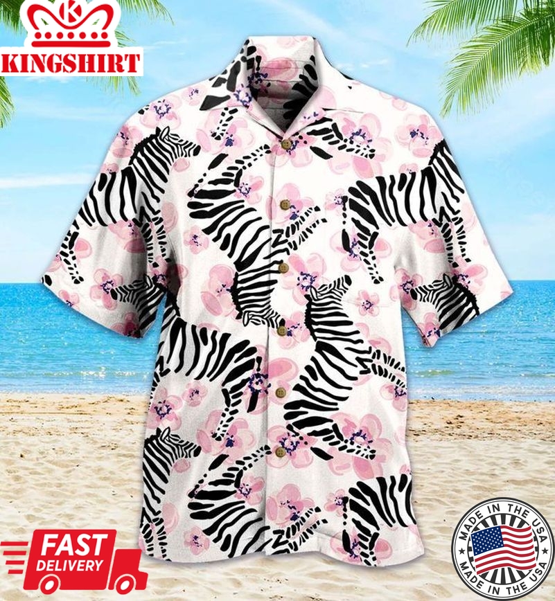 Zebra On Pink Flowers Trendy Hawaiian Shirt 3D