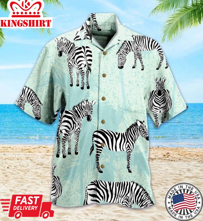 Zebra Palm Blue Trendy Hawaiian Shirt 3D