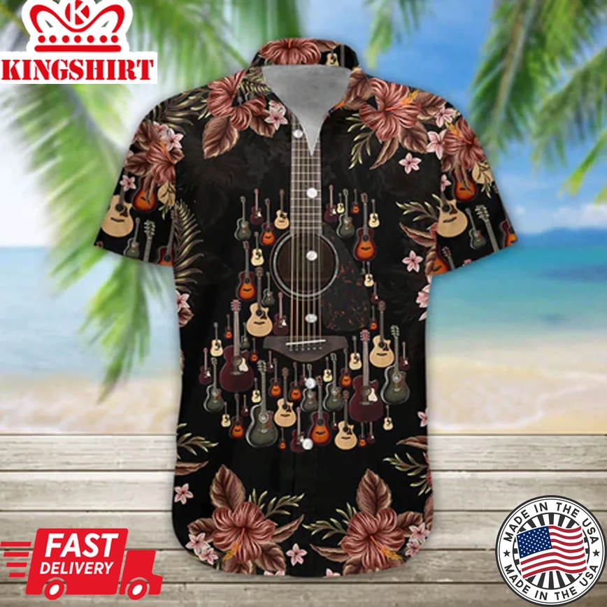 3D Acoustic Guitar Hawaii Shirt, Guitar Trendy Hawaiian Shirts Casual Short Sleeve Guitar Shirt Men