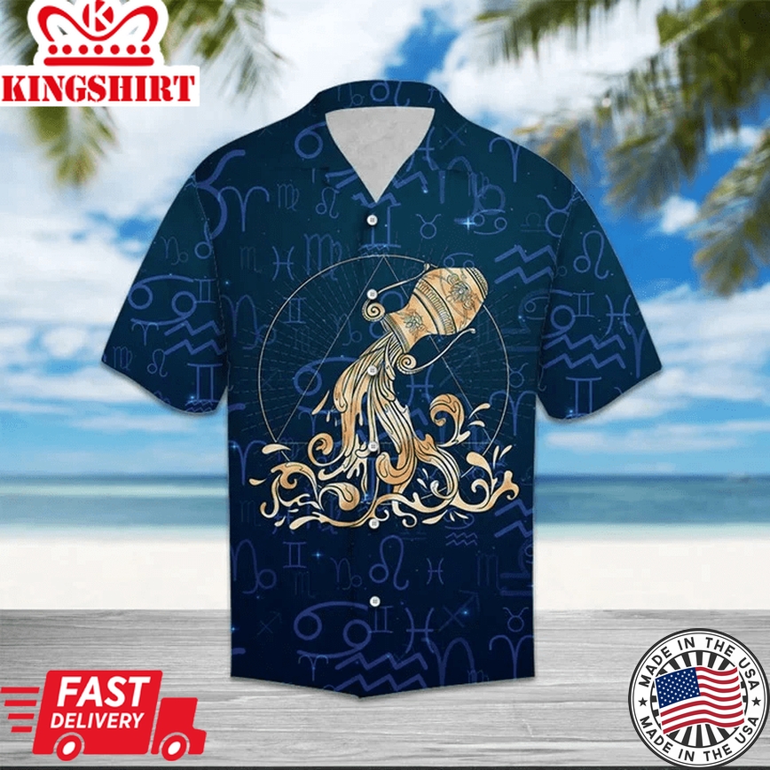 Amazing Aquarius Zodiac Symbol On Blue Pattern Trendy Hawaiian Shirt