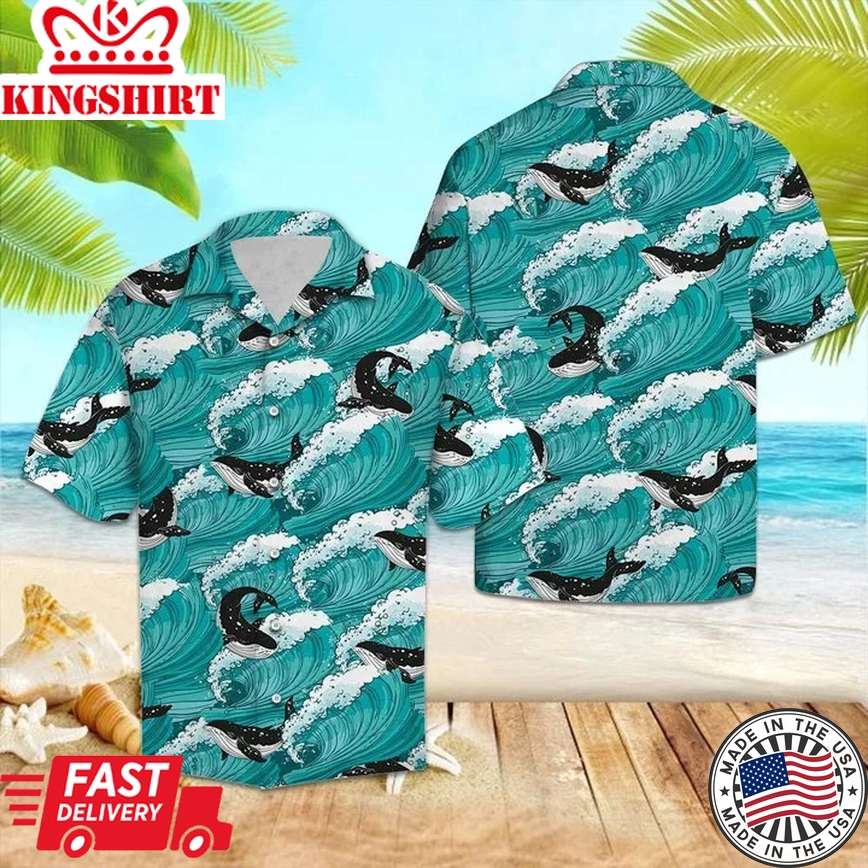 Amazing Black And White Whale Sea Waves Pattern Trendy Hawaiian Shirt