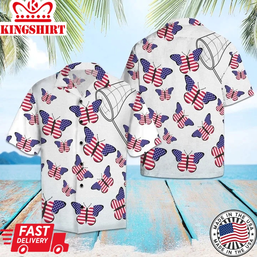 Amazing Butterflies With American Flag Trendy Hawaiian Shirt, Short Sleeve Hawaiian Aloha Shirt For Men