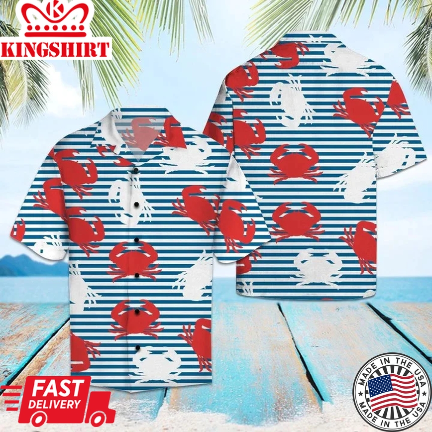 Amazing Crab On Blue Striped Pattern Trendy Hawaiian Shirt