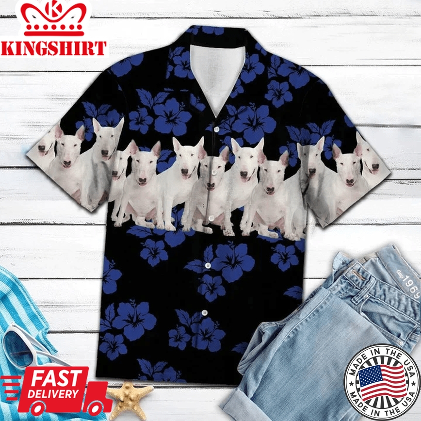 Awesome Bull Terrier Tropical Hibiscus On Black Trendy Hawaiian Shirt