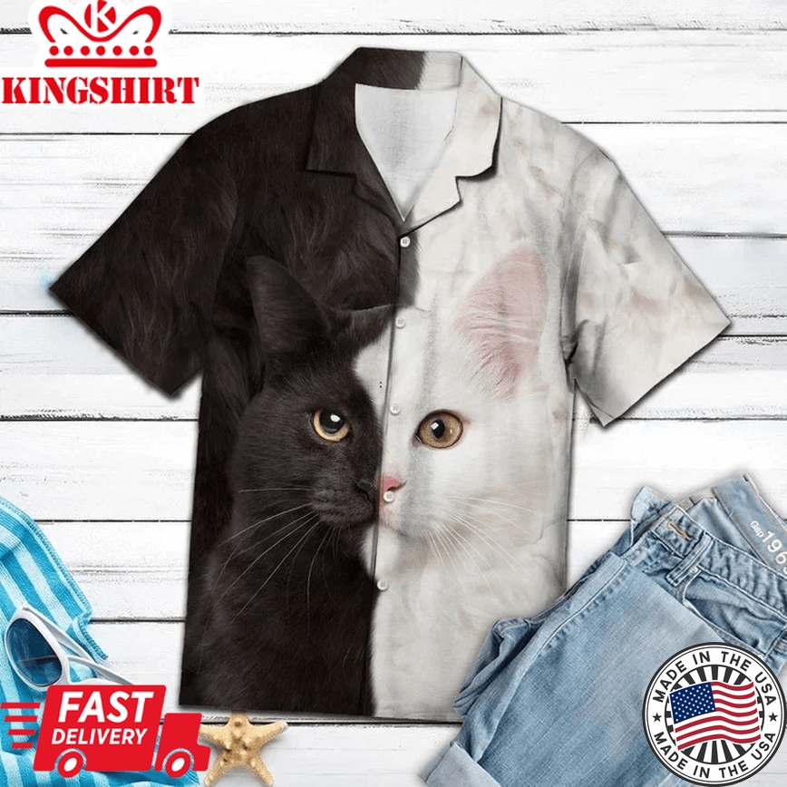 Awesome Cat Black And White Portrait Pattern Trendy Hawaiian Shirt